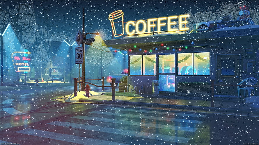 Cozy Winter Night Scene With Snowing Coffee Shop And Neon Signs HD wallpaper