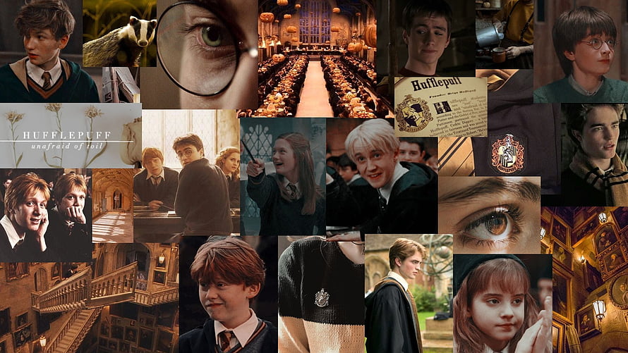 Hufflepuff House Aesthetic Collage Featuring Characters, Badger Symbol, and Hogwarts Scenes HD wallpaper