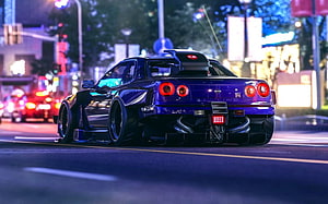 Purple Nissan Skyline GT-R R34 Widebody Night Street Racing Wallpaper HD wallpaper