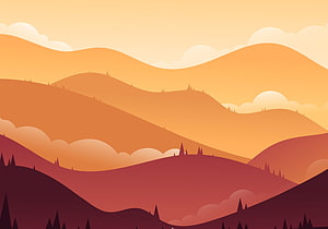 Minimalist Vector Illustration of Layered Mountain Ranges at Sunset with Pine Trees HD wallpaper