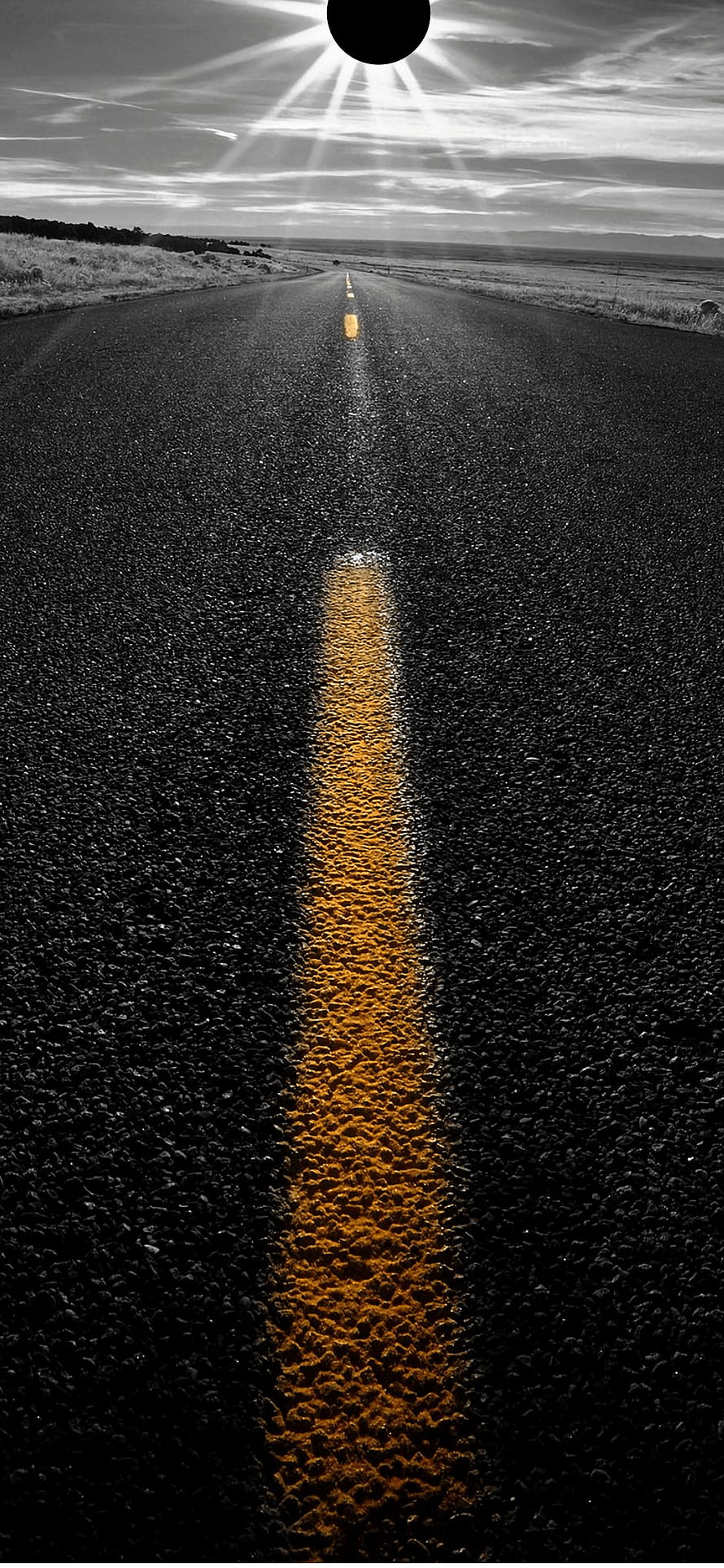 Black and White Road with Yellow Center Line and Sunburst HD phone wallpaper