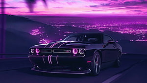 Black Dodge Challenger SRT with neon accents overlooking a purple cityscape at dusk HD wallpaper