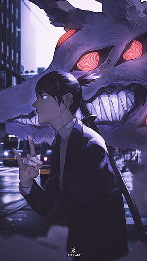 Anime man in suit with giant purple monster shadow behind him on city street, AKI 狐, art, chainsaw, foxdevil, chainsawman, power, denji, haiakawa, fox, makima HD phone wallpaper