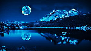 Full Moon Reflection on a Serene Mountain Lake at Night HD wallpaper