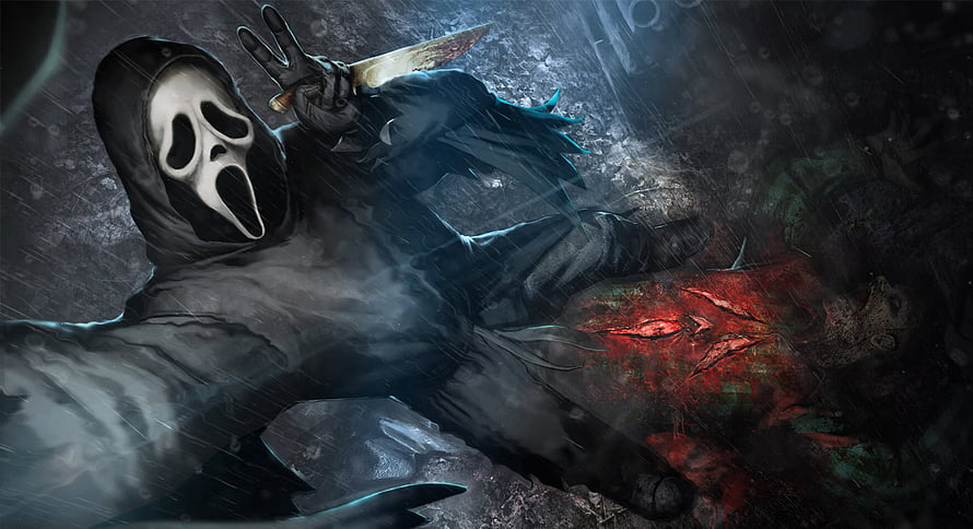 Ghostface Killer Holding Knife in Dark Rainy Scene from Dead by Daylight HD wallpaper