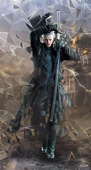 Vergil from Devil May Cry 5 in a dramatic pose with katana and shattered glass effect HD phone wallpaper