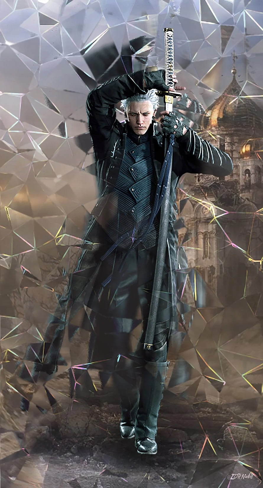 Vergil from Devil May Cry 5 in a dramatic pose with katana and shattered glass effect HD phone wallpaper
