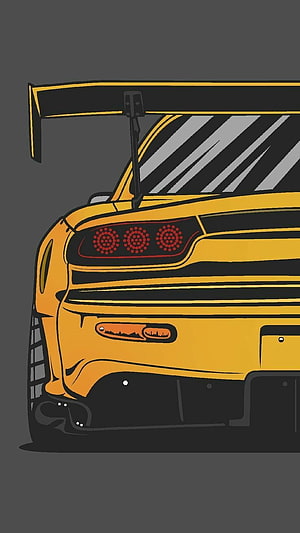 Stylized Yellow JDM Racing Car Rear Illustration with Large Spoiler and Black Stripes HD phone wallpaper