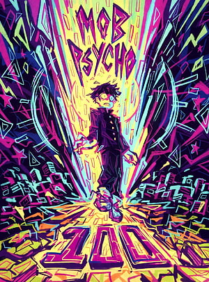 Mob Psycho 100 Anime Character Artwork with Vibrant Neon Colors and Dynamic Energy Burst HD phone wallpaper