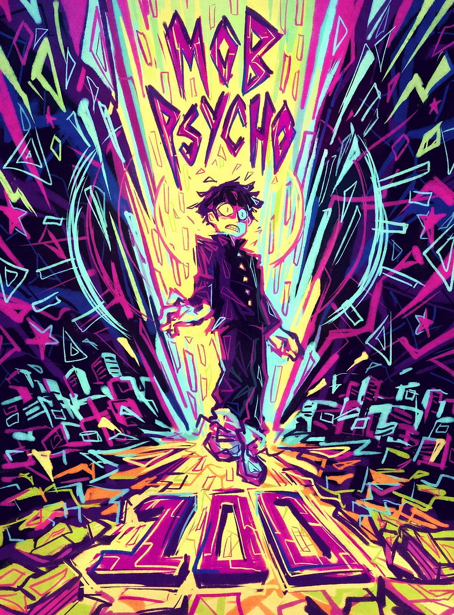 Mob Psycho 100 Anime Character Artwork with Vibrant Neon Colors and Dynamic Energy Burst HD phone wallpaper