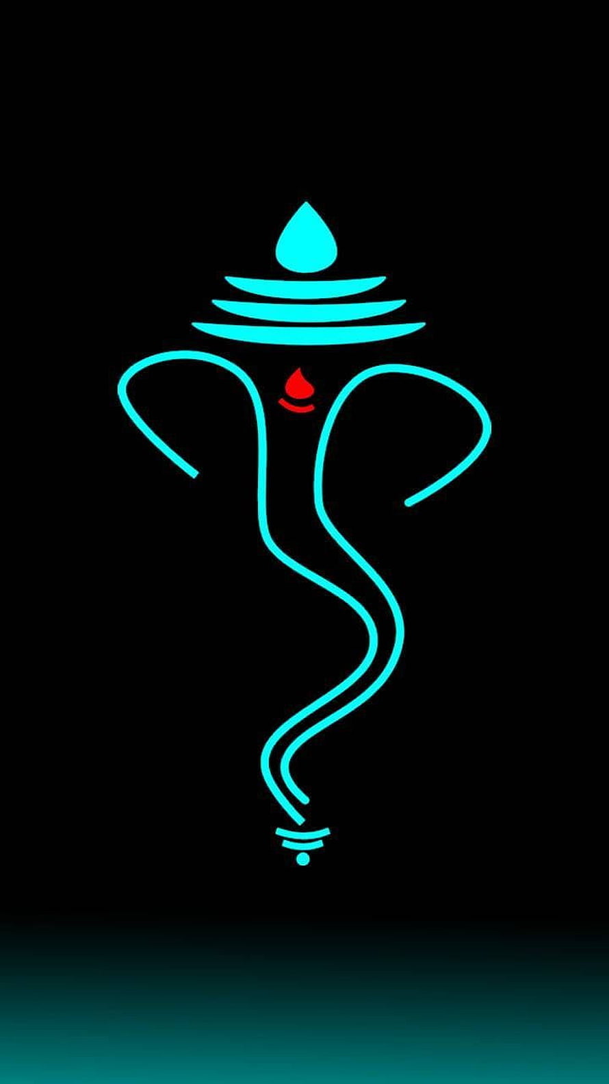 Neon Cyan Line Art of Lord Ganesha with Red Bindu on Black Background HD phone wallpaper