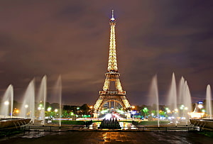 Illuminated Eiffel Tower at Night with Fountains in Paris France HD wallpaper