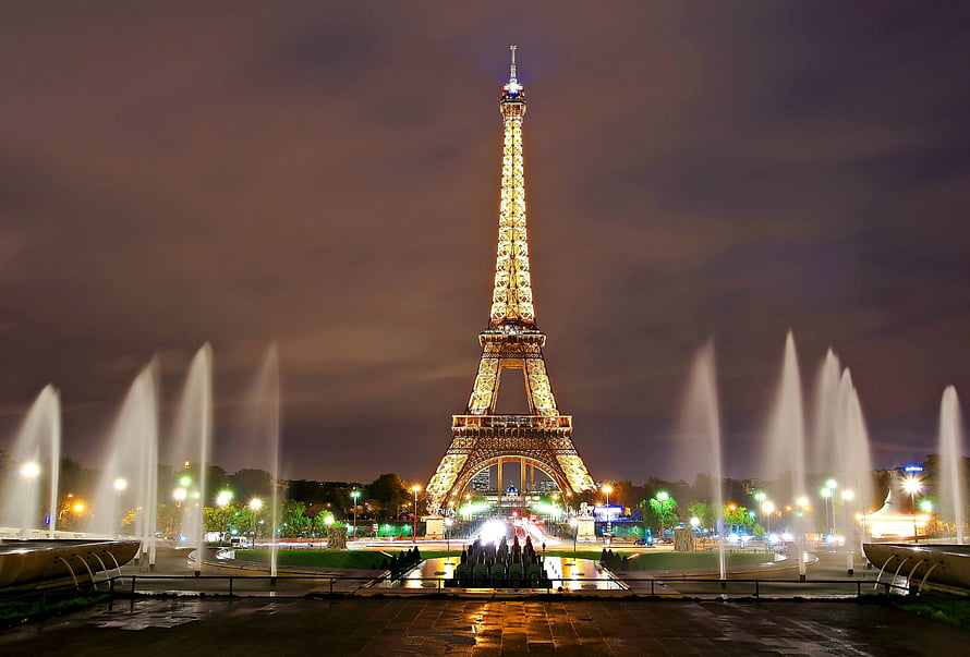 Illuminated Eiffel Tower at Night with Fountains in Paris France HD wallpaper