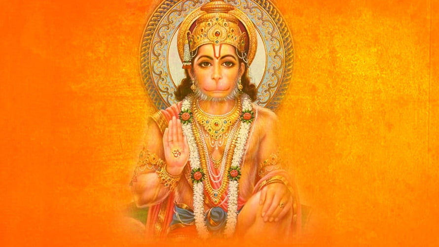 Hanuman Devotional Portrait With Golden Crown And Floral Garland On Orange Background, Hanuman Chalisa By Sant Tulsidas - School of wisdom and knowledge HD wallpaper