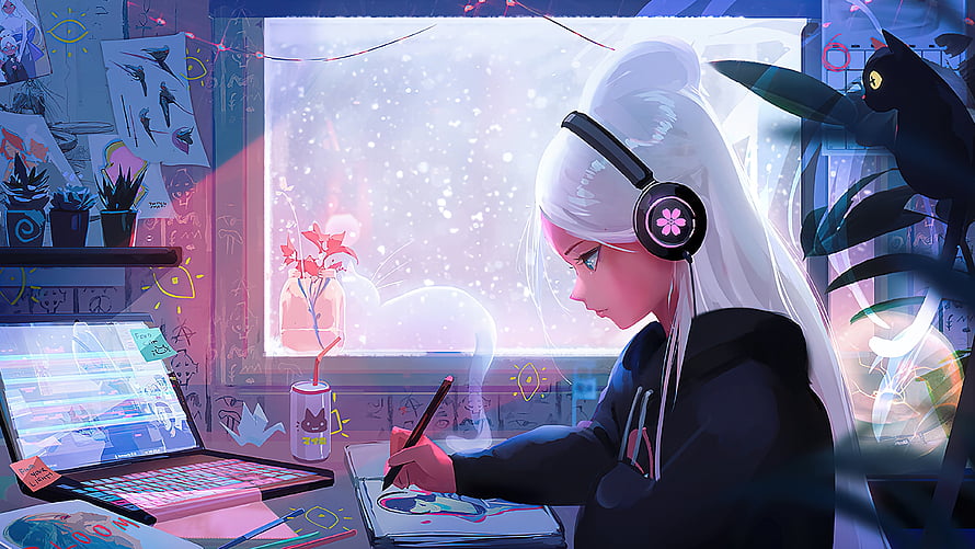 Anime Girl Drawing at Desk with Digital Tablet and Headphones in Cozy Room HD wallpaper
