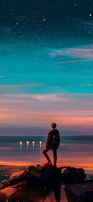Lone Figure Standing on Rocky Cliff Gazing at Starry Twilight Sky Over Calm Sea HD phone wallpaper