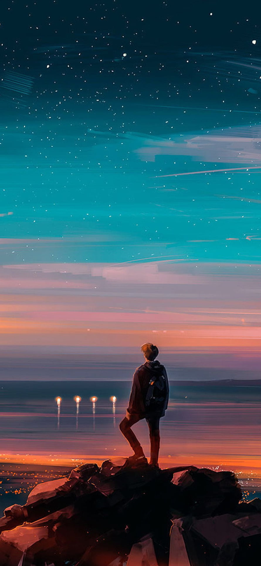 Lone Figure Standing on Rocky Cliff Gazing at Starry Twilight Sky Over Calm Sea HD phone wallpaper