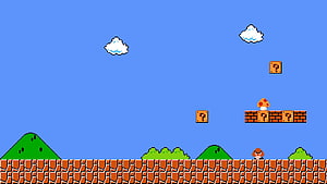 Super Mario Bros Classic Pixel Art Level with Question Blocks and Mushroom HD wallpaper