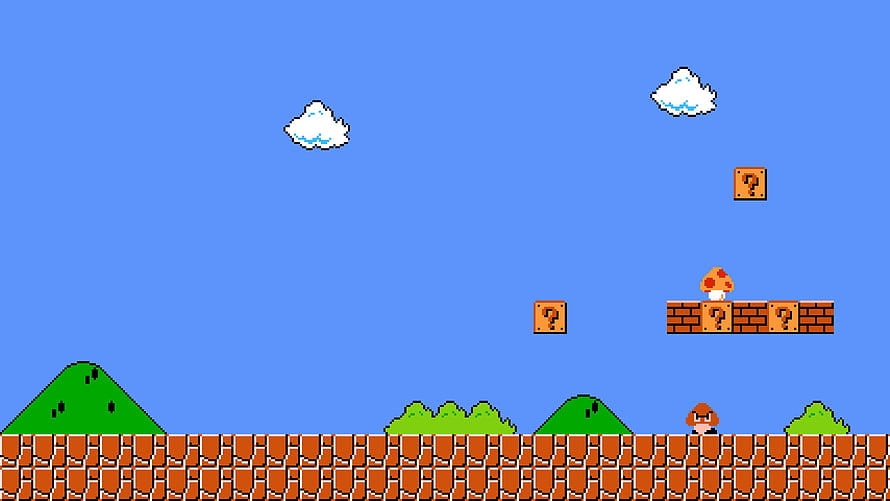 Super Mario Bros Classic Pixel Art Level with Question Blocks and Mushroom HD wallpaper