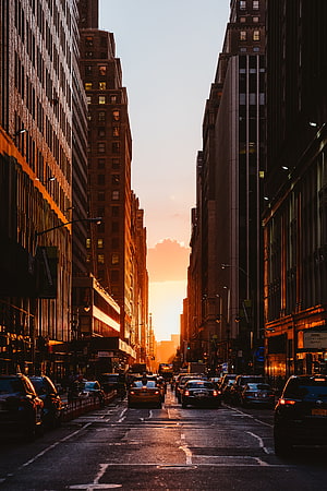 Golden Hour Sunset Over Busy New York City Street With Tall Skyscrapers And Traffic HD phone wallpaper