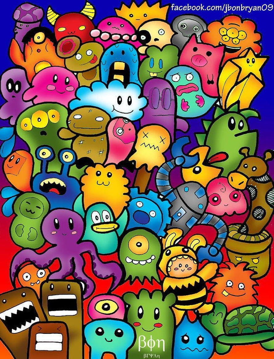 Vibrant Collection of Cute Cartoon Monsters and Doodle Characters HD phone wallpaper
