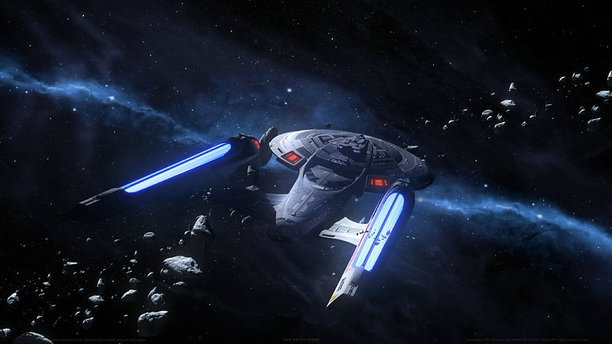 Star Trek Enterprise NCC-1701-E navigating through an asteroid field with glowing warp nacelles HD wallpaper