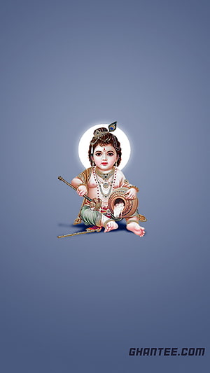 Bal Krishna Child Deity Illustration with Mace and Butter Pot on Blue Background HD phone wallpaper