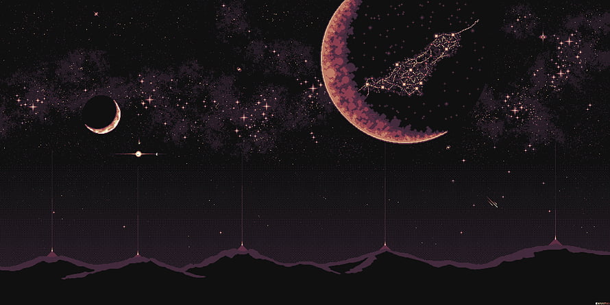 Stylized Night Sky with Crescent Moons and Star Constellations Over Mountain Silhouettes HD wallpaper