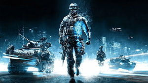 Futuristic Soldier Walking With Tanks In Cyberpunk City Night HD wallpaper