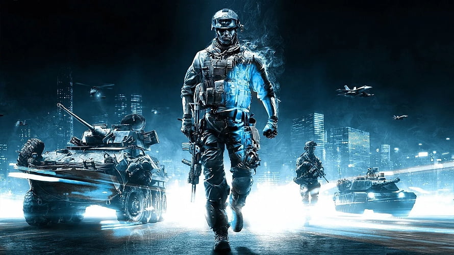 Futuristic Soldier Walking With Tanks In Cyberpunk City Night HD wallpaper