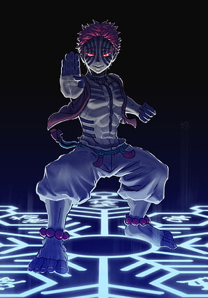 Akaza Upper Moon Demon in Glowing Blue Circle from Demon Slayer Anime HD phone wallpaper