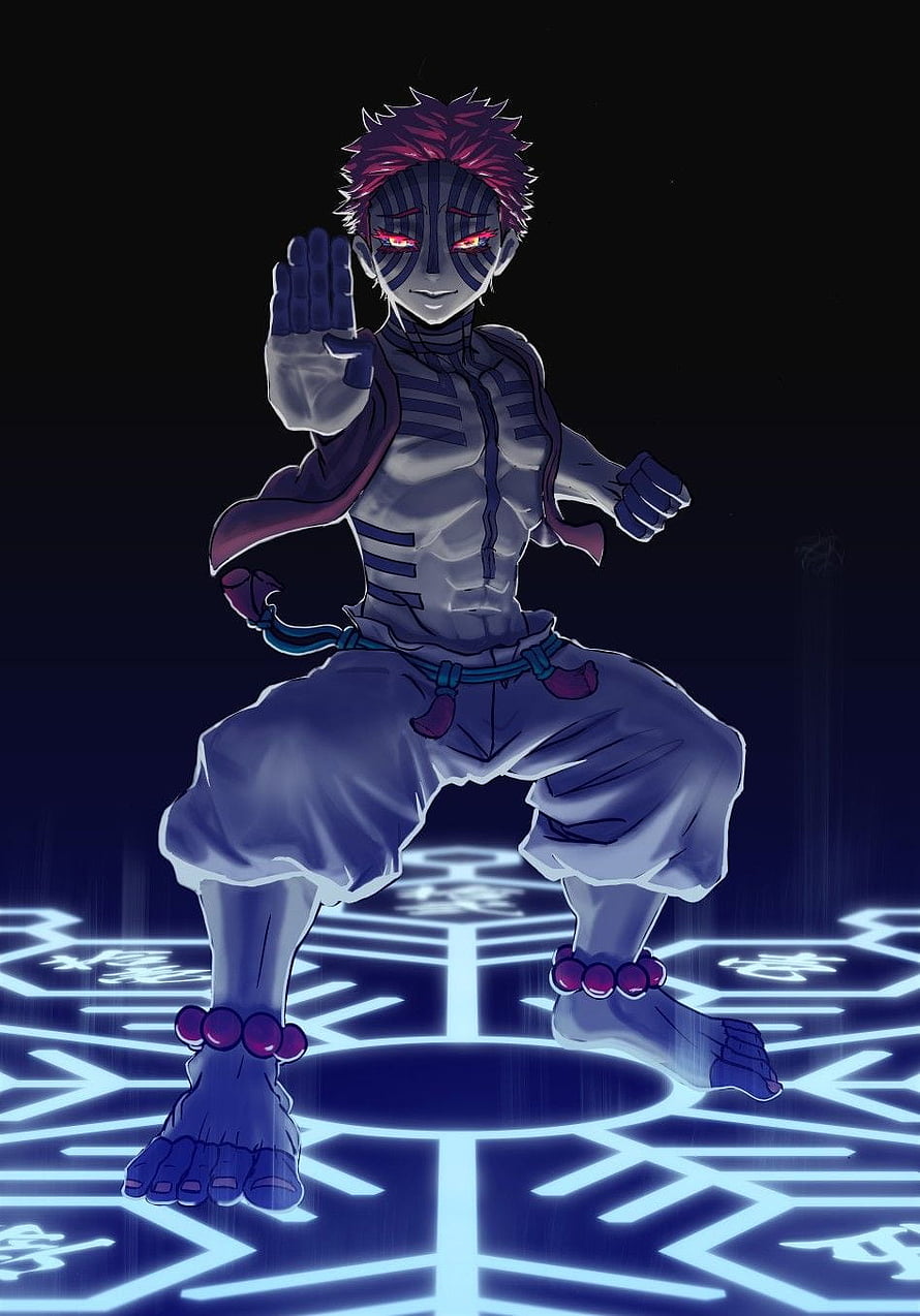Akaza Upper Moon Demon in Glowing Blue Circle from Demon Slayer Anime HD phone wallpaper
