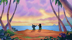 Lilo and Stitch Animated Scene on a Tropical Beach at Sunset HD wallpaper