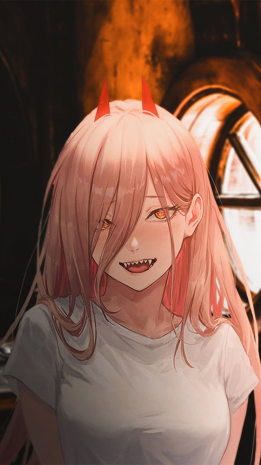 Anime Girl With Pink Hair And Red Horns Smiling With Sharp Teeth In Warm Lighting HD phone wallpaper