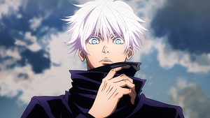Gojo Satoru from Jujutsu Kaisen anime character portrait with white hair and blue eyes against cloudy sky HD wallpaper