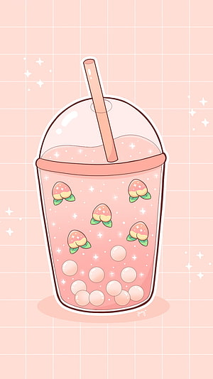 Cute Peach Milk Tea Bubble Tea Illustration with Tapioca Pearls and Sparkles HD phone wallpaper