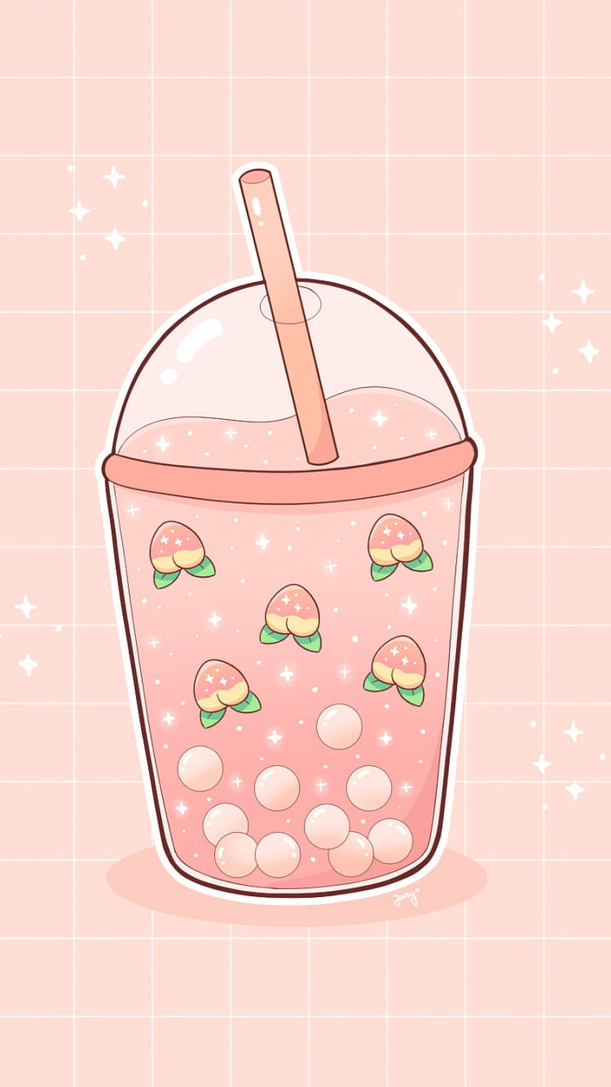 Cute Peach Milk Tea Bubble Tea Illustration with Tapioca Pearls and Sparkles HD phone wallpaper