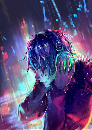 Anime Boy With Headphones In Neon Rain City HD phone wallpaper