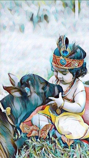 Baby Krishna Playing With A Cow In A Pastoral Setting HD phone wallpaper