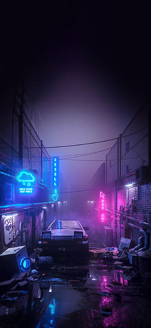 Neon-lit cyberpunk alleyway with retro car and glowing signs in a rainy dystopian cityscape HD phone wallpaper
