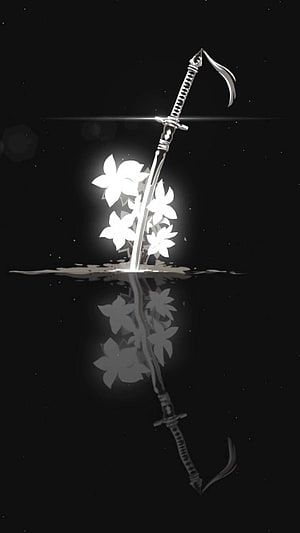 Glowing Anime Sword with White Flowers and Water Reflection HD phone wallpaper