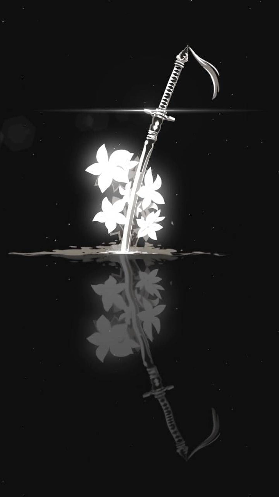 Glowing Anime Sword with White Flowers and Water Reflection HD phone wallpaper