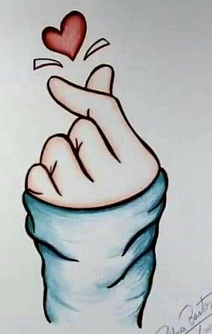 Korean Finger Heart Gesture Illustration with Red Heart and Blue Sleeve HD phone wallpaper