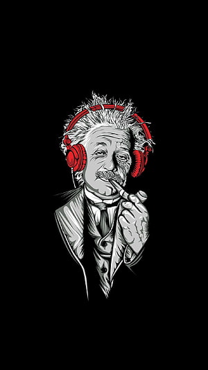 Albert Einstein Wearing Red Headphones and Smoking a Pipe in Stylized Vector Art HD phone wallpaper