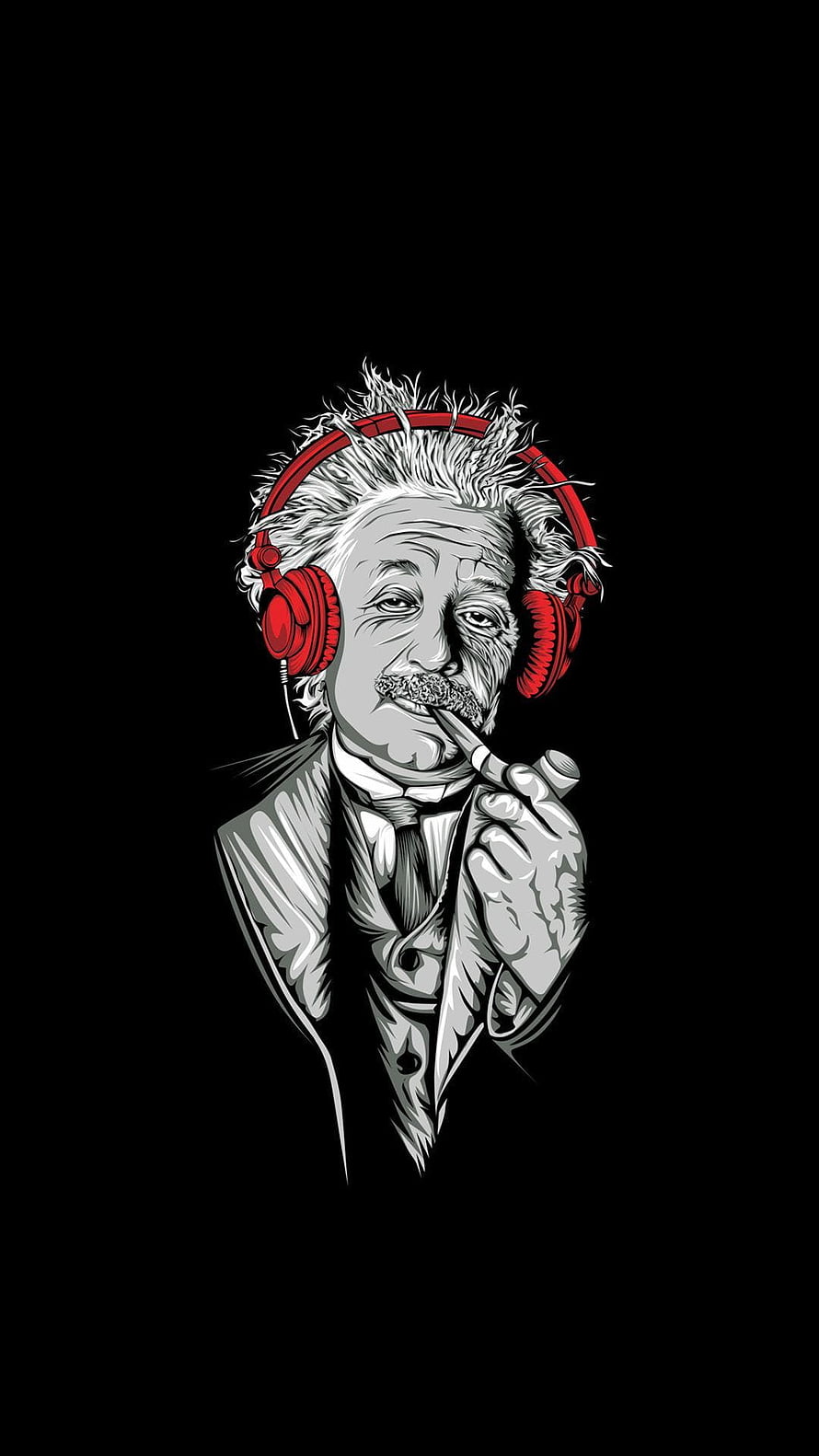 Albert Einstein Wearing Red Headphones and Smoking a Pipe in Stylized Vector Art HD phone wallpaper