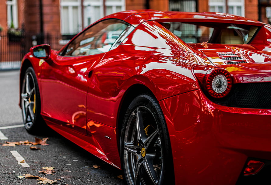 Glossy Red Ferrari 458 Italia Rear Quarter View Parked on Urban Street HD wallpaper