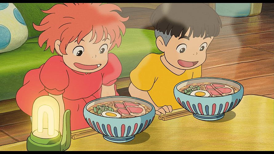Ponyo and Sosuke Eating Ramen Together in Studio Ghibli Anime Style HD wallpaper