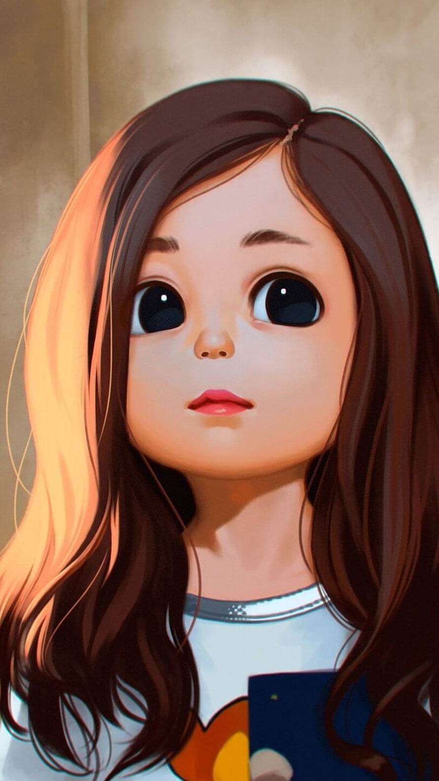 Cute Anime Girl With Big Eyes And Long Brown Hair Digital Art Portrait HD phone wallpaper