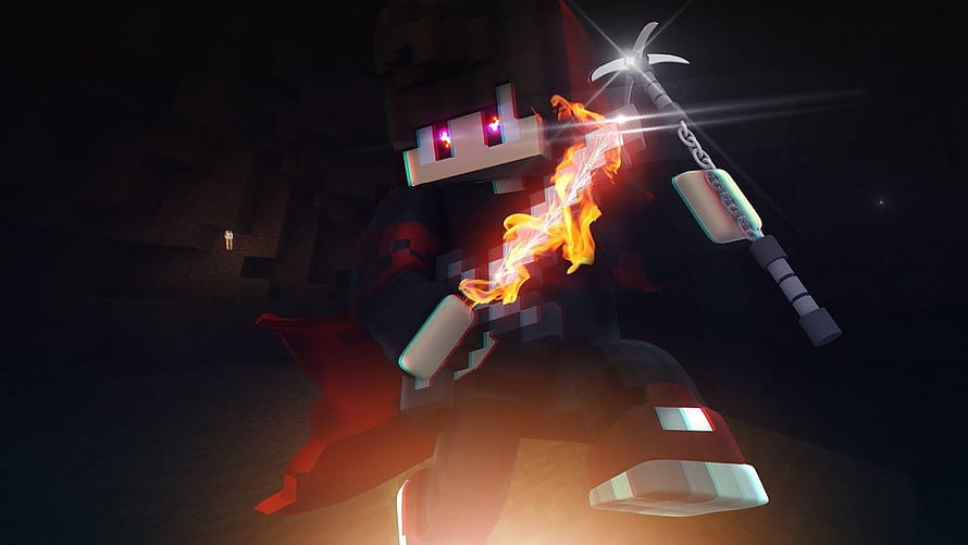 Minecraft Character Wielding Netherite Pickaxe with Fire Effects in Dark Cave HD wallpaper