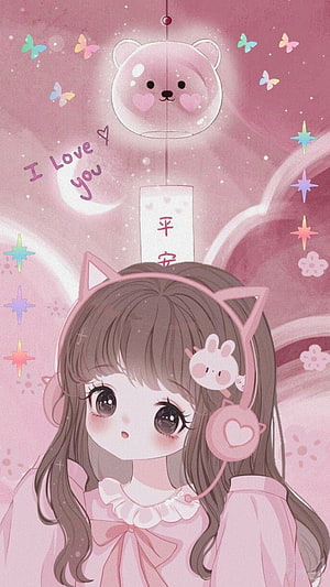 Cute Anime Girl With Pink Cat Ears Headphones And Floating Bear Lantern HD phone wallpaper